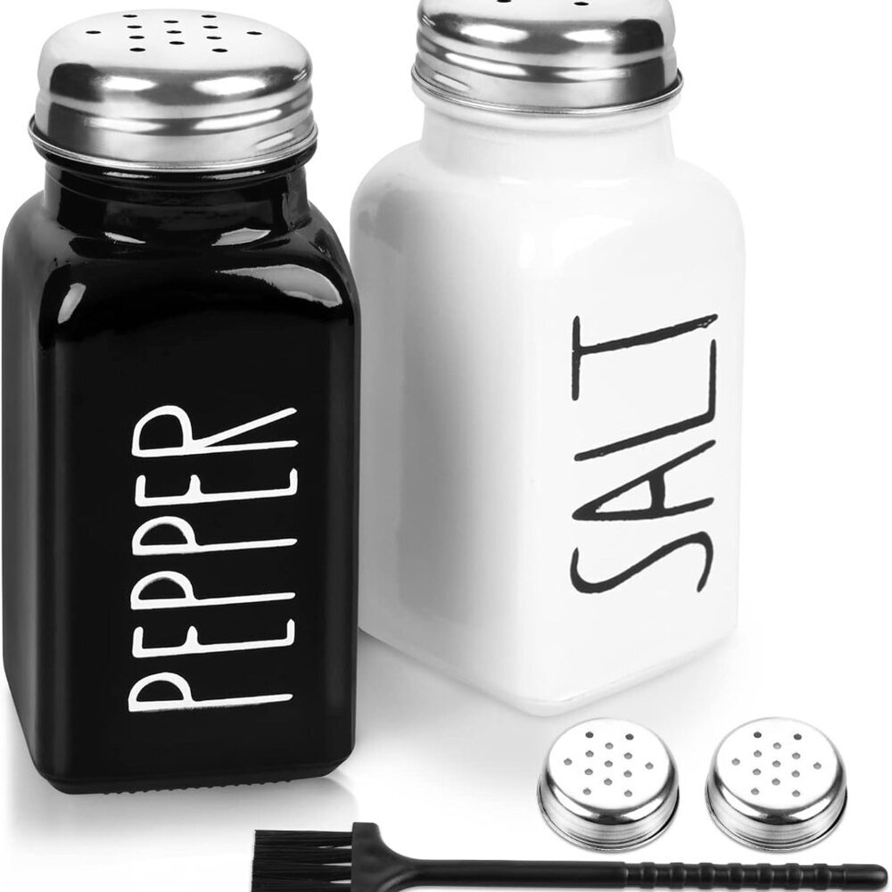 2 Pack Salt and Pepper Shakers Set, Glass Shaker with Stainless Steel Lid, Moder